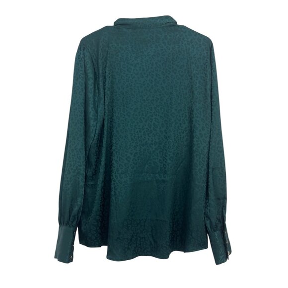 Investments Womens XL Green Leopard Print Satin Blouse Bow Tie Neck/Gold Button - Picture 8 of 12